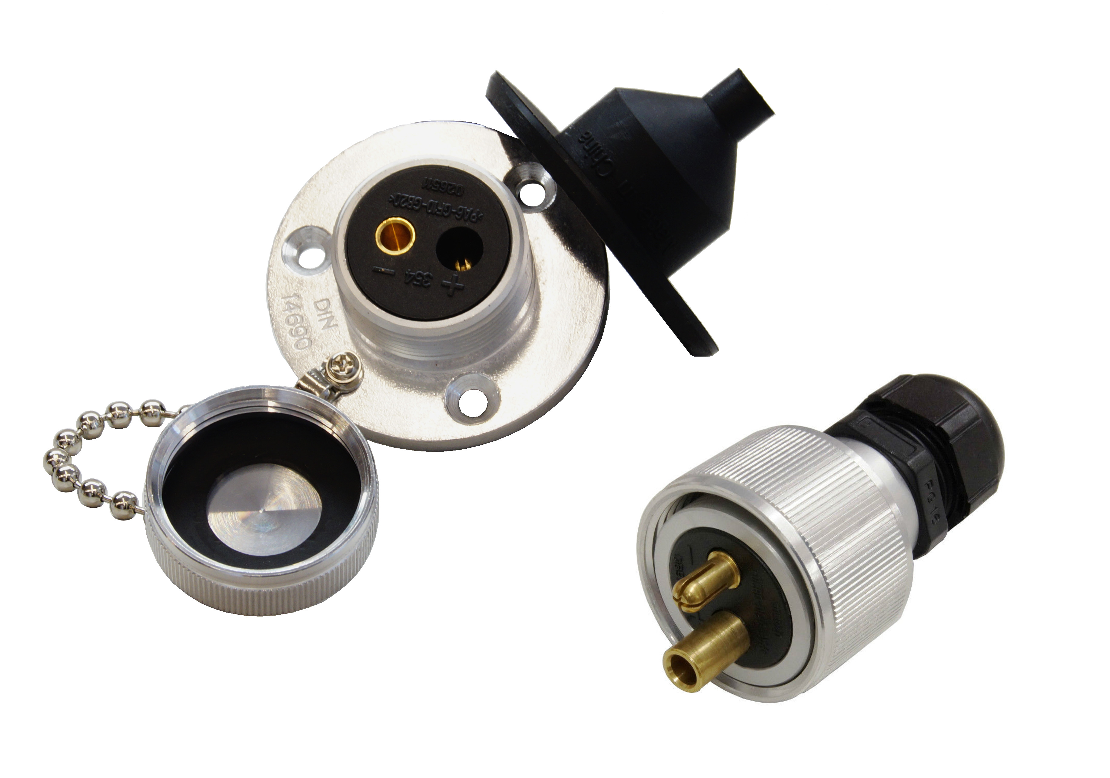 DIN-Stecker-Steckdose-Set Stecker & Steckdose Set | 2 polig | Aluminium | DIN 14690 | Überwurfmutter | THW, Feuerwehr, Militär