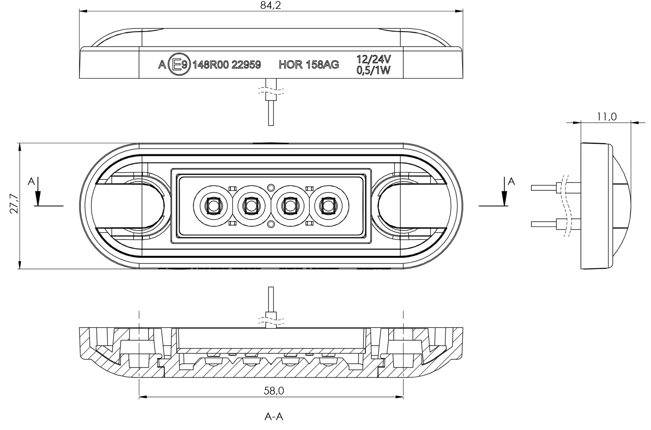 HOR95 | LED Umrissleuchte / Begrenzungsleuchte | Seite, Front oder Heck | 12-24VDC | ECE-Copy