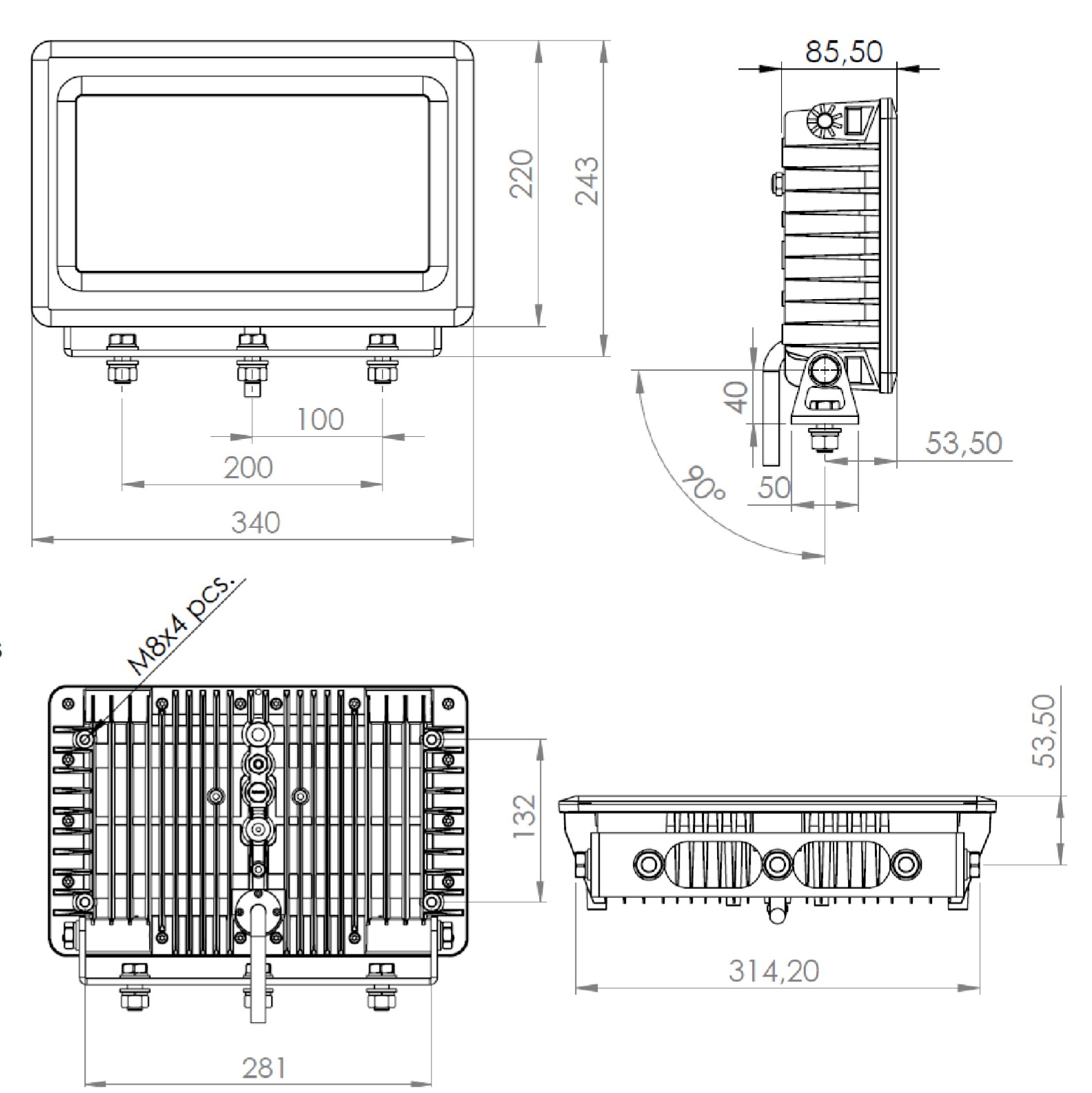 WLX23-LED_Scheinwerfer_Abmessungen
